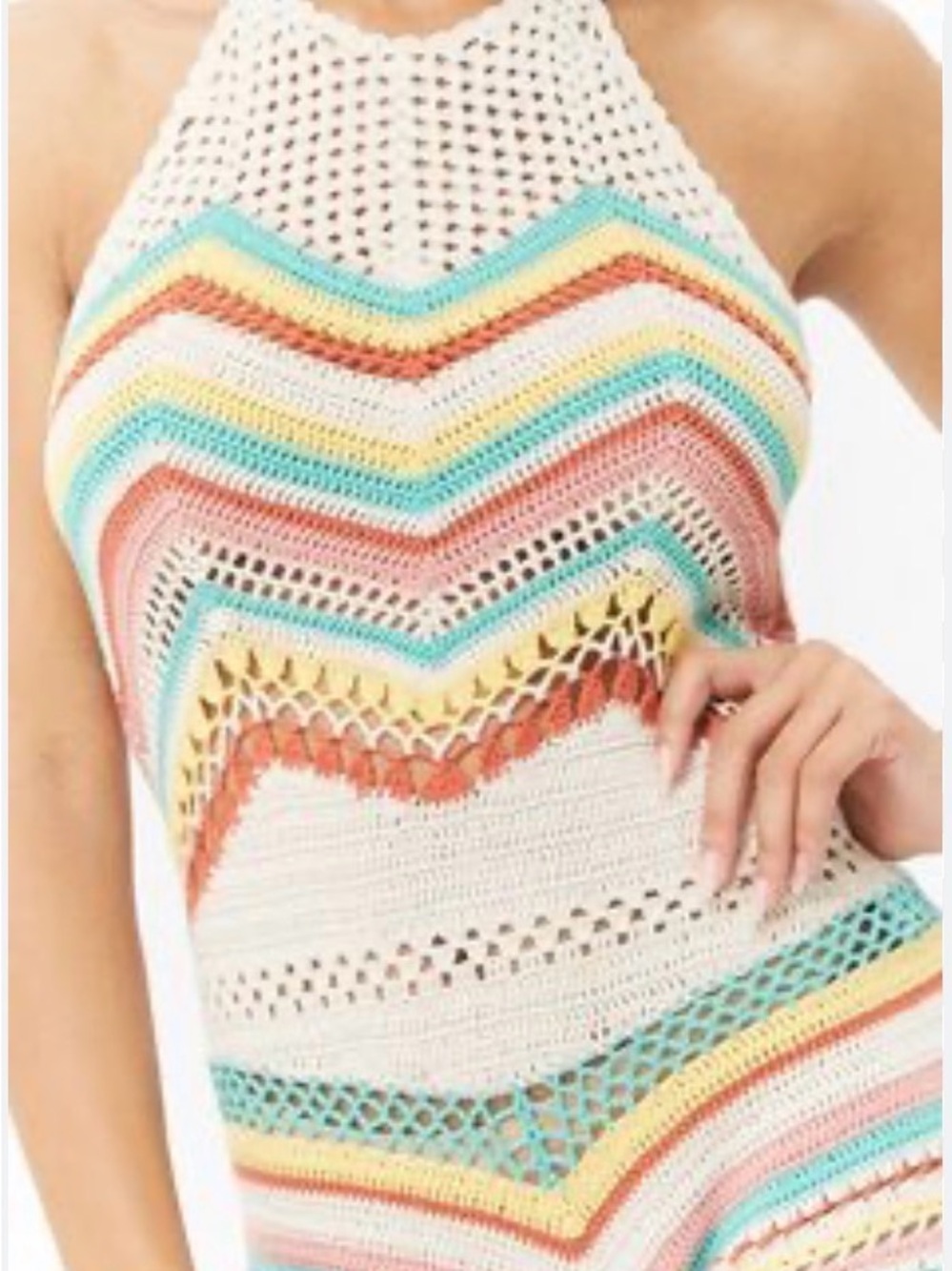 Crochet Cotton Halter Romper Cream Multicolor Chevron Boho Size S - Picture 10 of 10